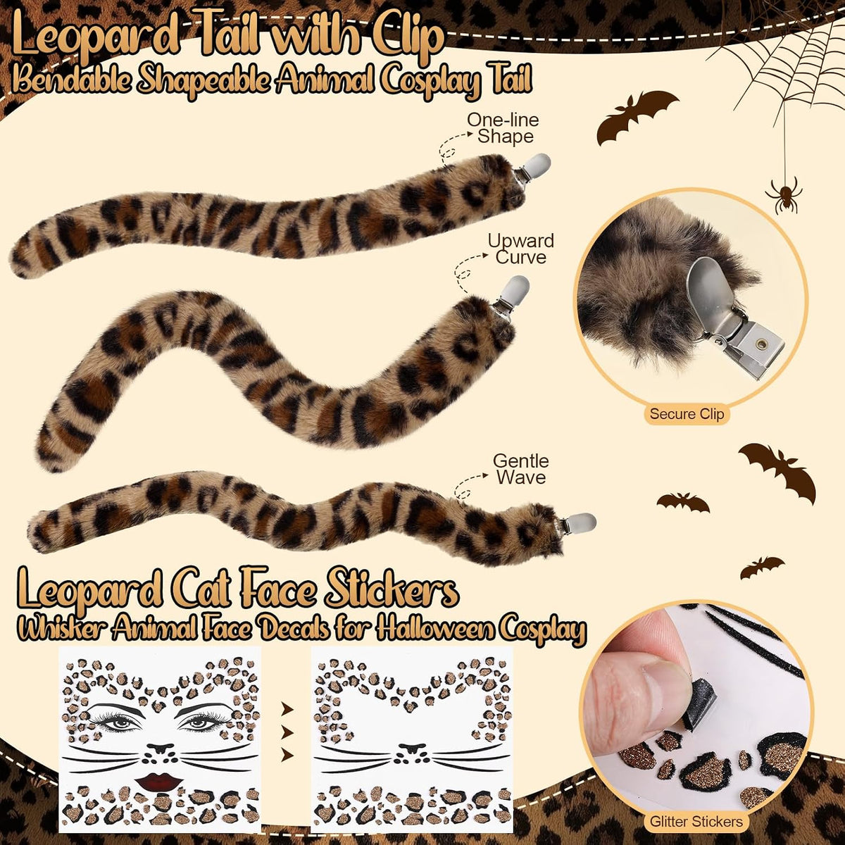 5 Pcs Cheetah Costume Set, Leopard Ears and Tail Bow Tie Black Cat Mask Leopard Face Stickers Leopard Costume Accessories for Women Halloween Cosplay Dress Up