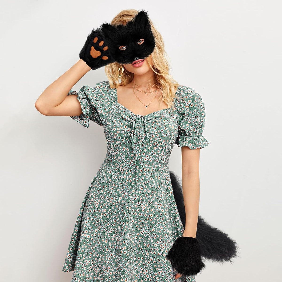 COSYEARS Cat Fox Mask Tail and Paws Gloves Set Furry Animal Therian Kit Masquerade Halloween Costume Accessory