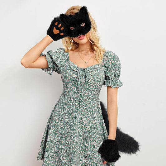 COSYEARS Cat Fox Mask Tail and Paws Gloves Set Furry Animal Therian Kit Masquerade Halloween Costume Accessory