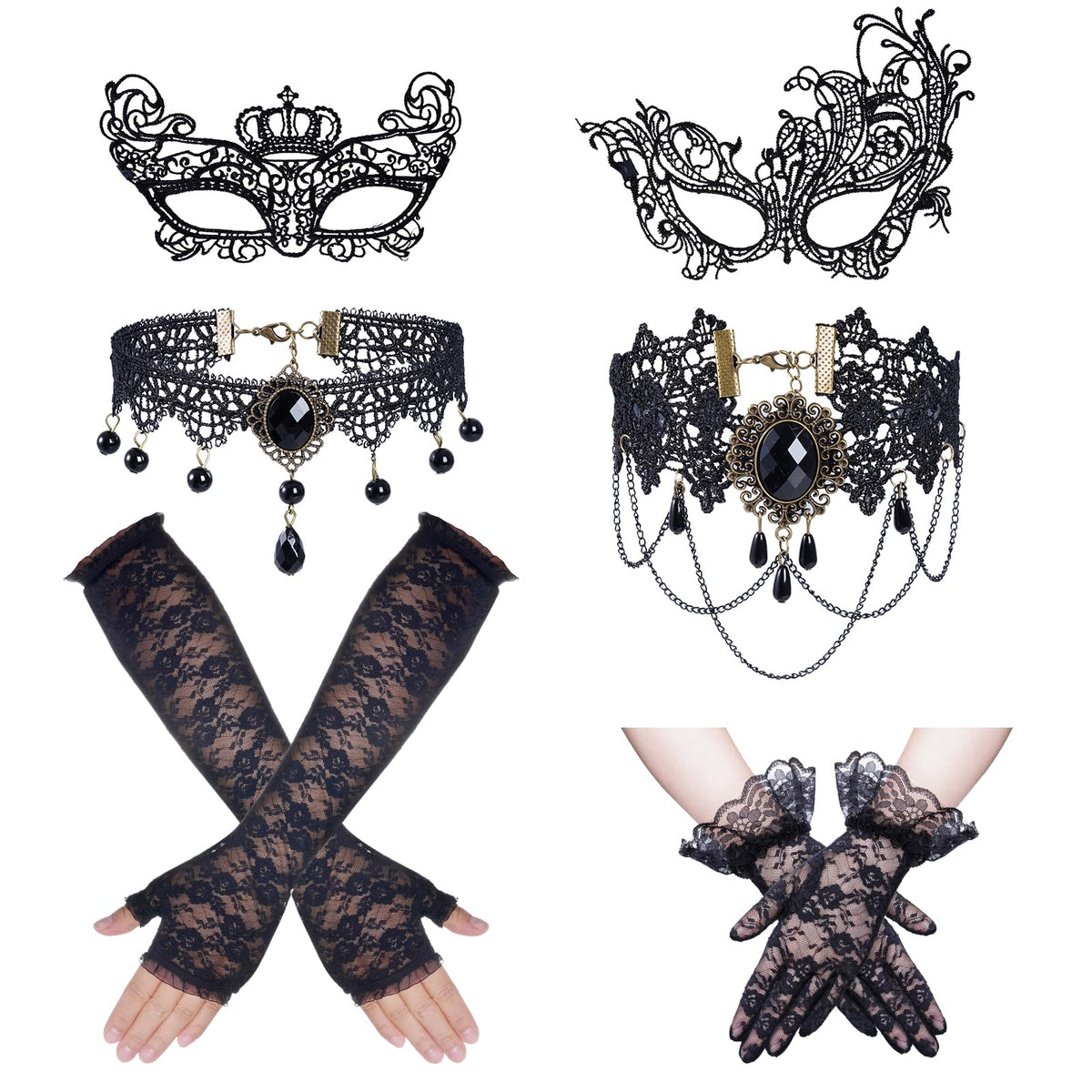 Topbuti Halloween Masquerade Costumes Set Black Lace Gloves Lace Mask Eyemask Choker Necklace for Halloween Dress Up Party