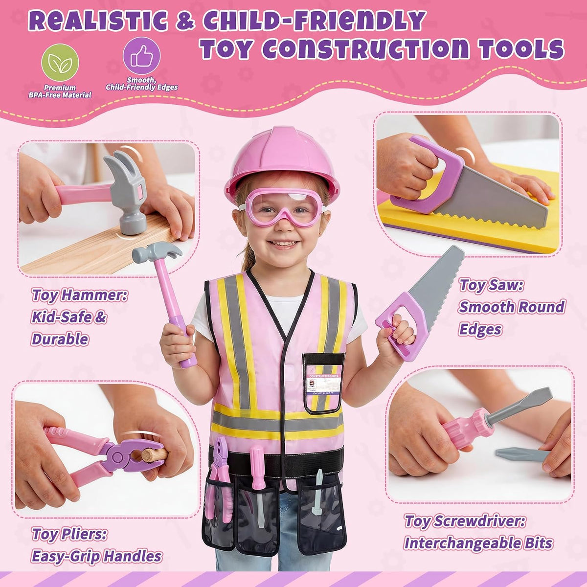 Pink Kids Tool Set with Construction Worker Costume Toys for Girls Age 3-5