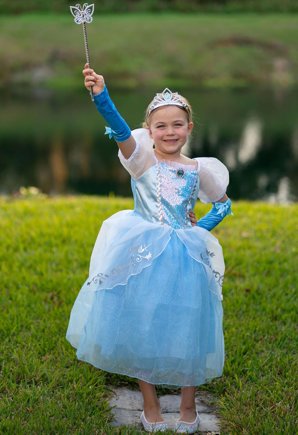 Aolliya Princess Dresses for Girls Puff Sleeves Princess Costumes Blue
