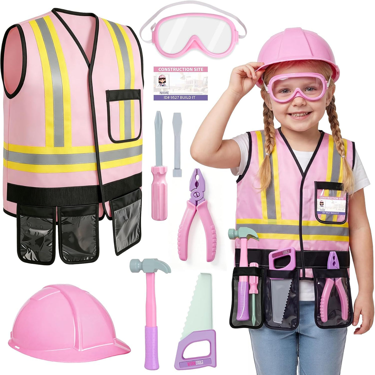 Pink Kids Tool Set with Construction Worker Costume Toys for Girls Age 3-5