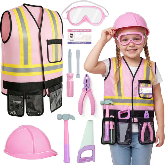 Pink Kids Tool Set with Construction Worker Costume Toys for Girls Age 3-5