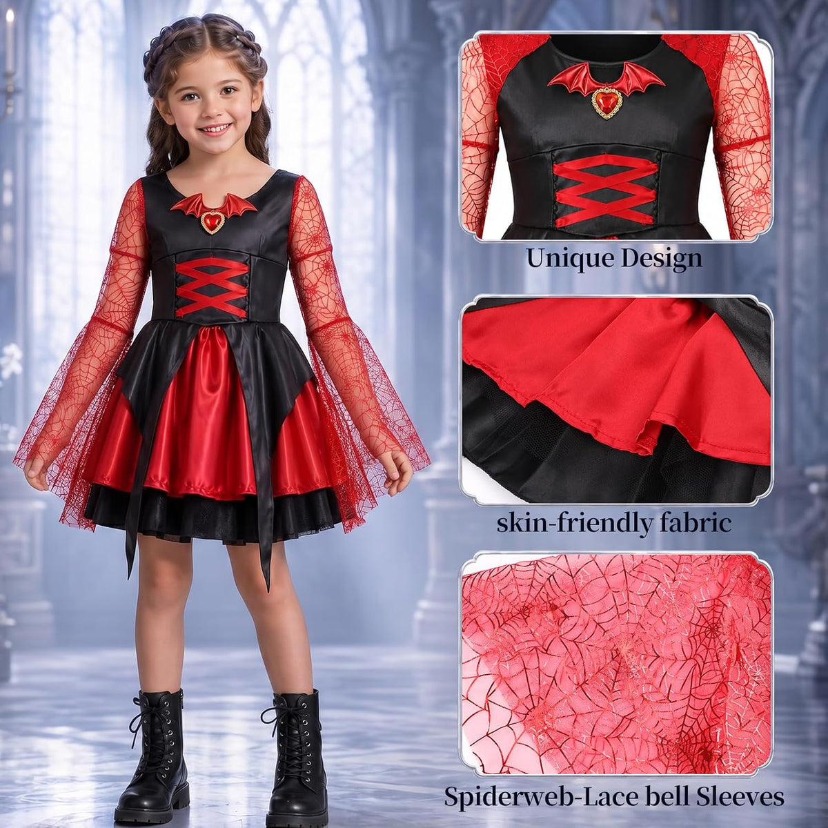 Latocos Halloween Vampire Costume for Girls, Gothic Vampire Dress with Cape