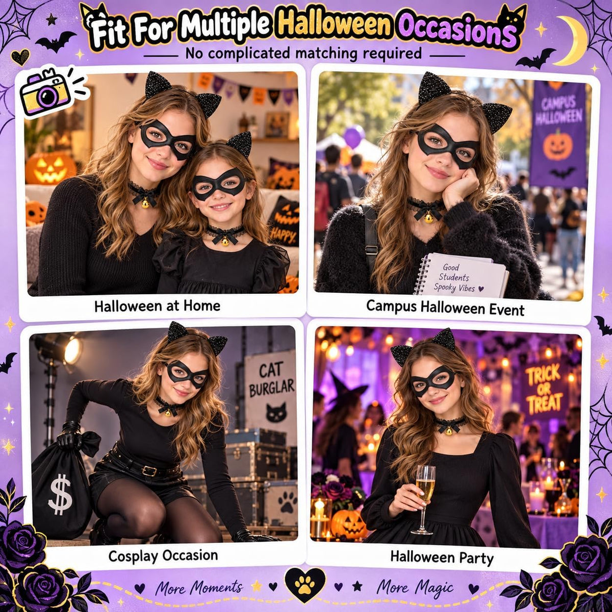 Glitter Cat Ears Headband with Collar,Black Cat Women Mask Halloween Costum