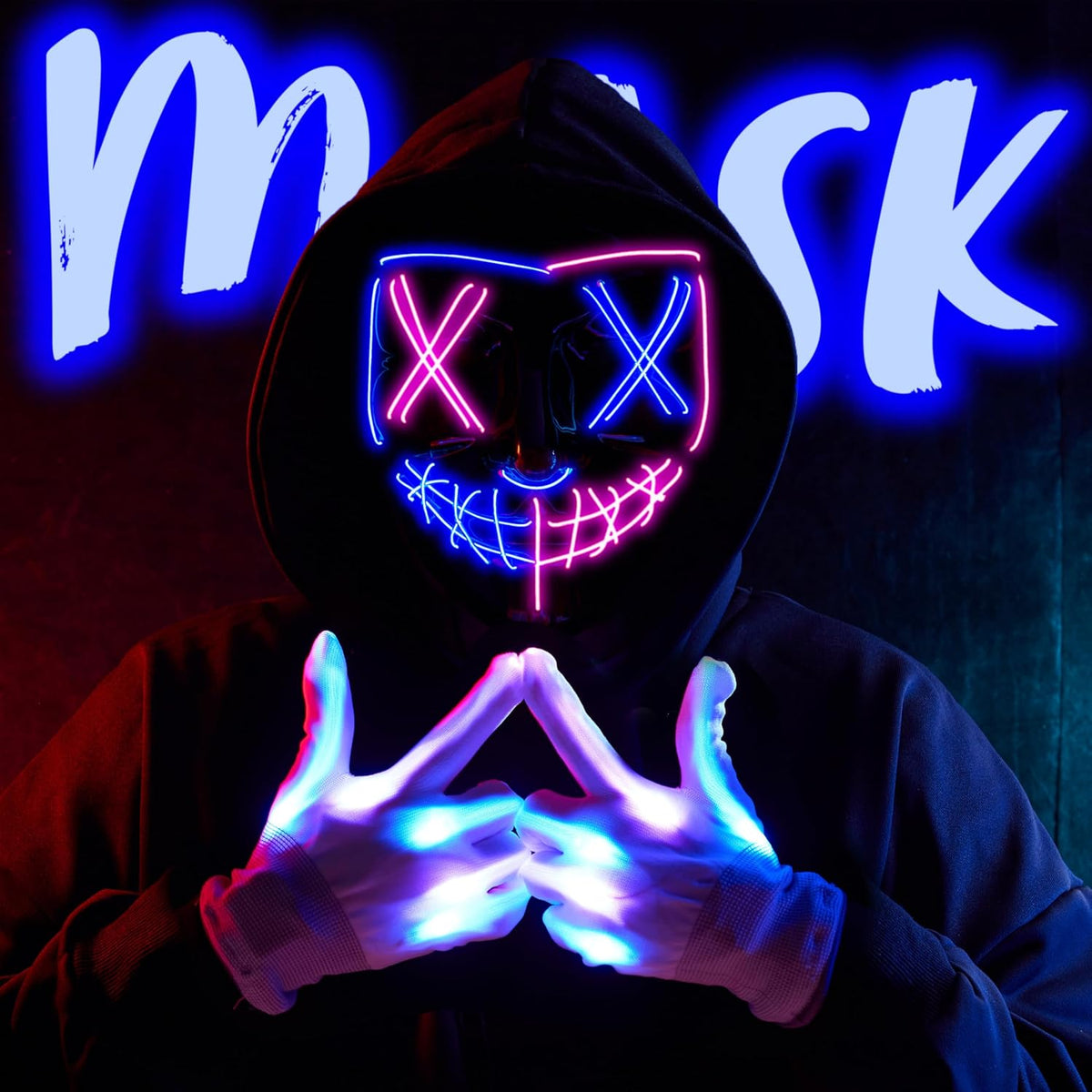 JOYIN Halloween Led Mask, Light Up Mask and Gloves for Cosplay Costume (Pink & Blue), 3 Modes Scary Glow in The Dark Masks for Halloween Party Dress Up Accessories, Gifts Giving