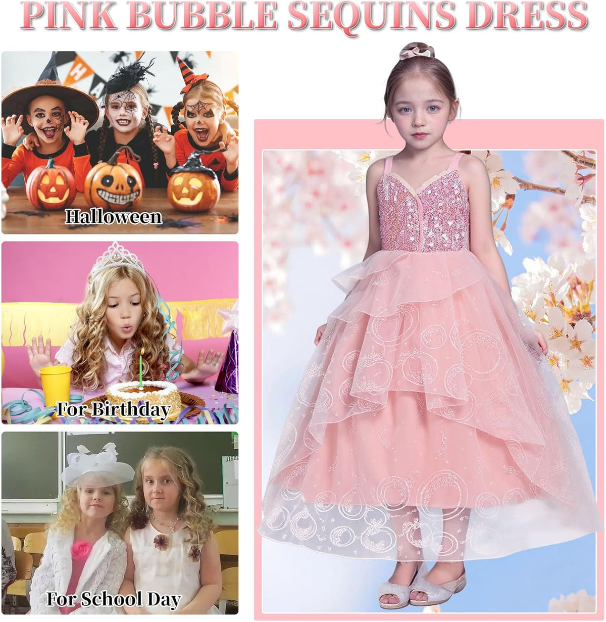 Pink Princess Dress for Girls Bubble Tulle Sequins Dress Up for Halloween