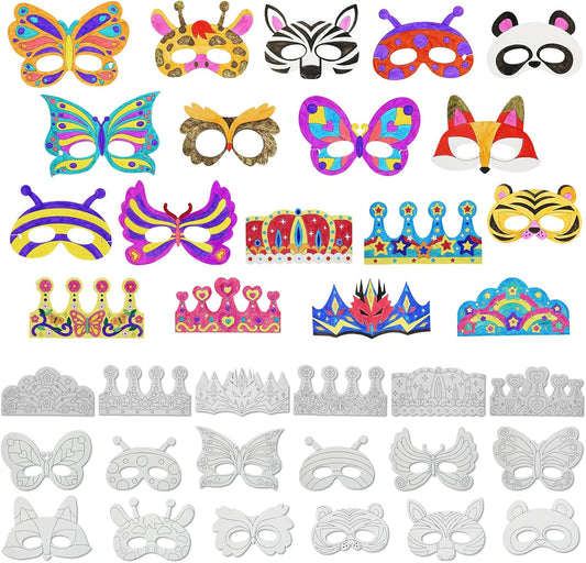 48 PCS Color Your Own Paper Crowns and Paper Masks, DIY Art Coloring Craft Activity for Kids Birthday Dress up Party Favors Decoration, School Home Art Coloring Activities