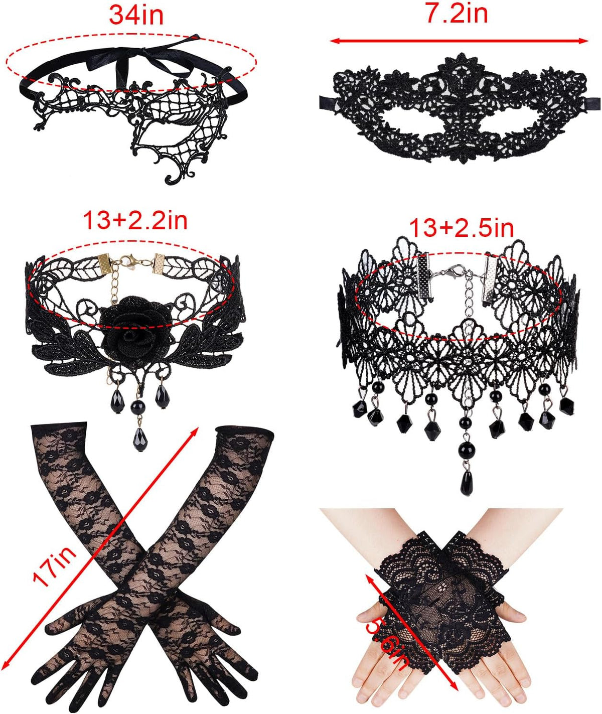 Topbuti Halloween Masquerade Costumes Set Black Lace Gloves Lace Mask Eyemask Choker Necklace for Halloween Dress Up Party