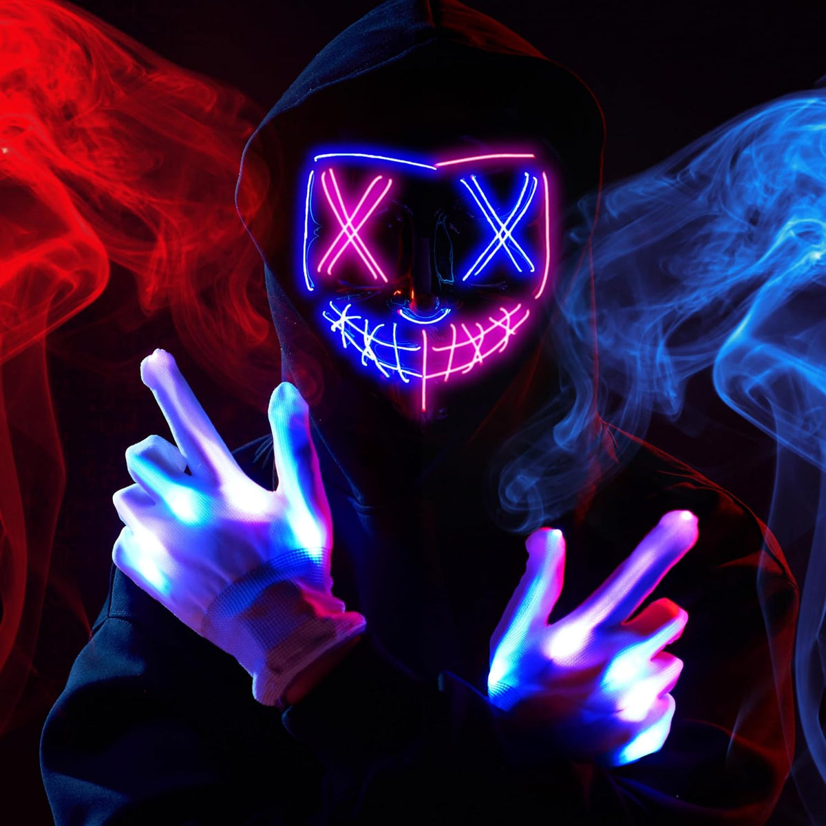 JOYIN Halloween Led Mask, Light Up Mask and Gloves for Cosplay Costume (Pink & Blue), 3 Modes Scary Glow in The Dark Masks for Halloween Party Dress Up Accessories, Gifts Giving