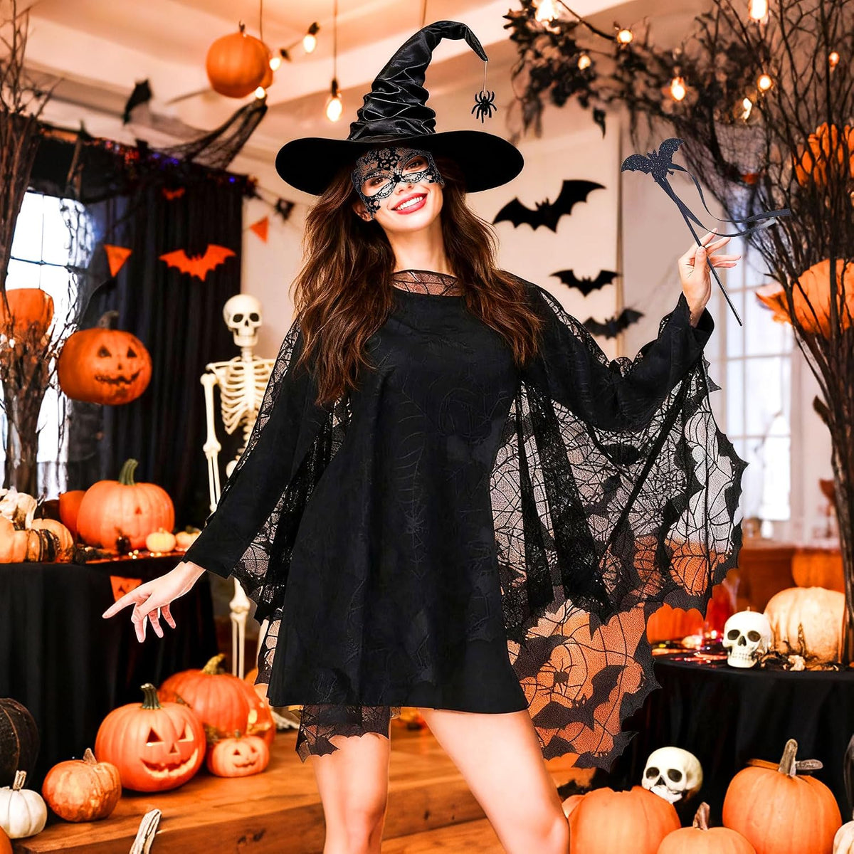 LaVenty Halloween Witch Dress Up Cobweb Cape Witch Magic Hat