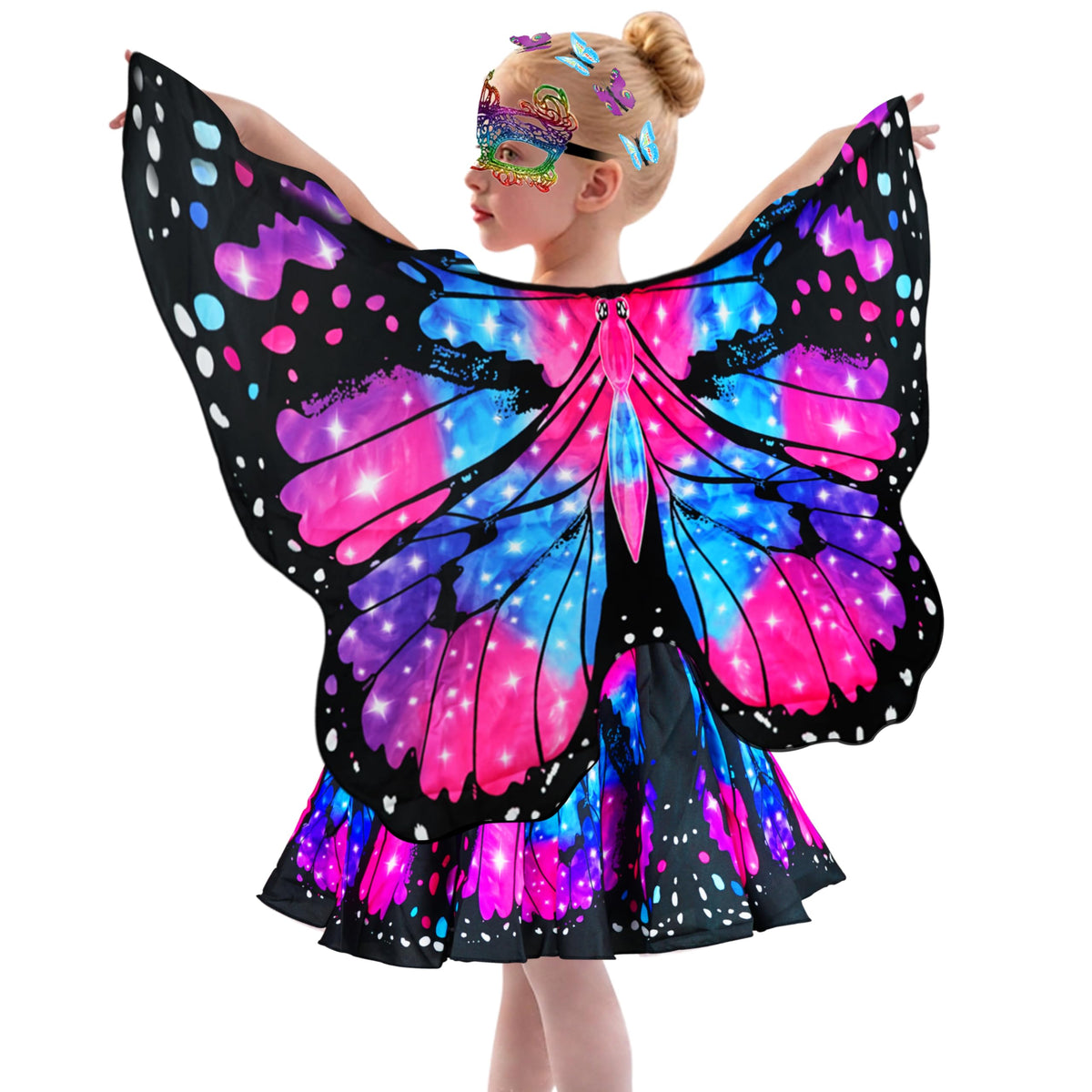 Sunlisky Kids Butterfly Wings Costume for Girls Fairy Wings Dress Up Clothes Headband Mask for Halloween Party Favors
