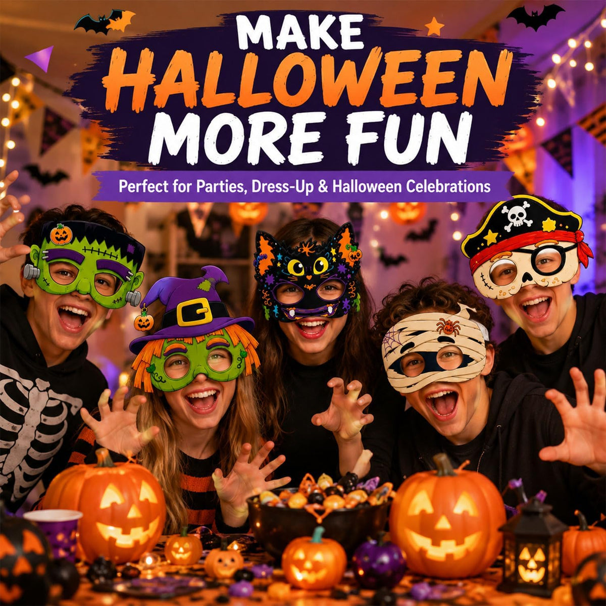 Halloween Masks for 10 Pack, Assorted Costume Eye Masks with Cat, Pumpkin, Halloween Masks, Halloween Party Favors, Classroom Prizes and Dress Up Accessories