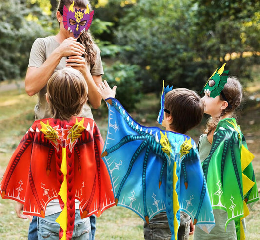 D.Q.Z 6 Pcs Dinosaur-Dragon-Wings-Costumes and Masks for Kids 3-8 Dinosaur Party, Girls Boys' Halloween Dress Up Capes for Dino Birthday Party Favors