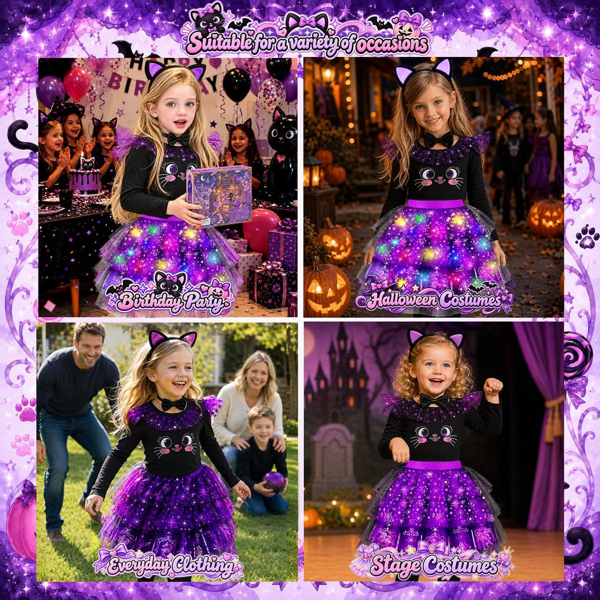 Cat Costume for Girls, Light Up Halloween Costumes for Kids 3-8