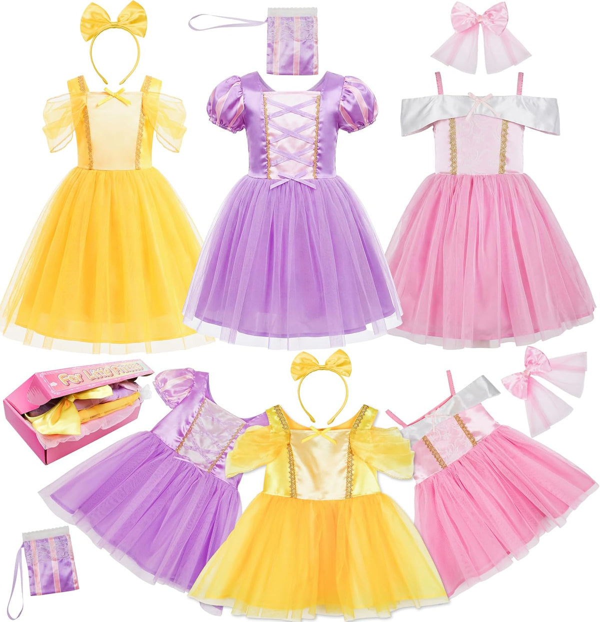Princess Dress Up Trunk for Toddler Girls, 6 Pcs Costume Fancy Dresses Outfit for Little Kids Toddlers 2T 3-4T 4-6Y