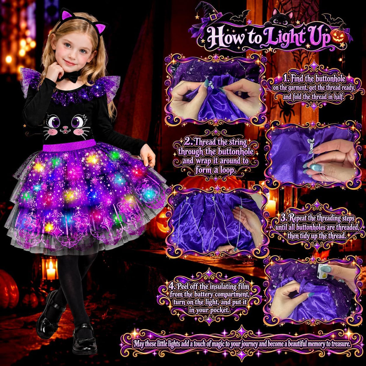 Cat Costume for Girls, Light Up Halloween Costumes for Kids 3-8