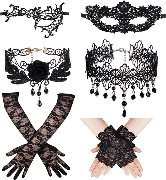 Topbuti Halloween Masquerade Costumes Set Black Lace Gloves Lace Mask Eyemask Choker Necklace for Halloween Dress Up Party