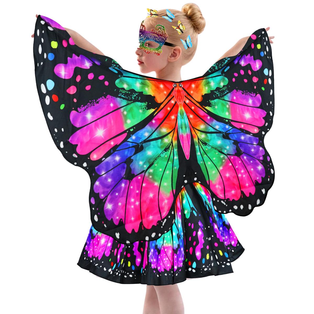 Sunlisky Kids Butterfly Wings Costume for Girls Fairy Wings Dress Up Clothes Headband Mask for Halloween Party Favors