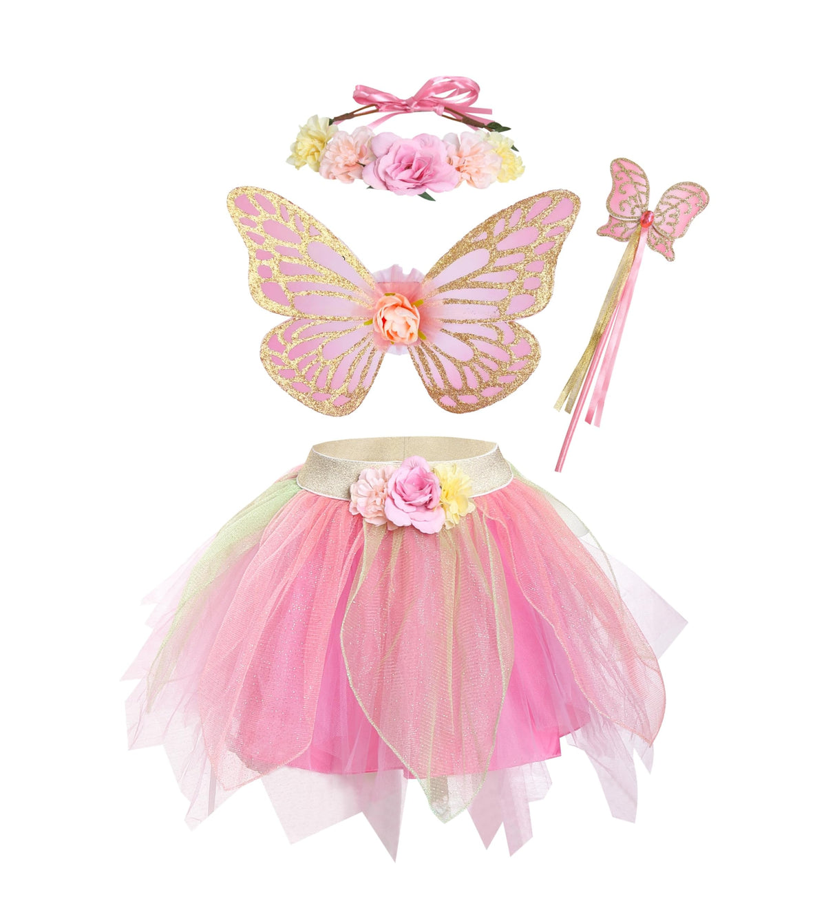 DJDLPARTY Girls Fairy Costume Set with Butterfly Wings Tutu Wand and Halo Headban