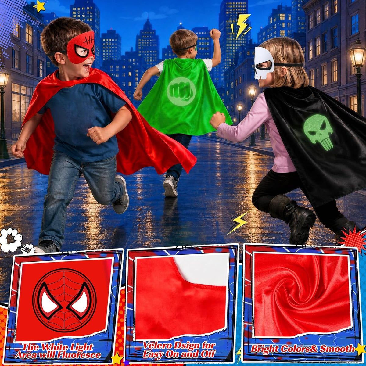 RACPNEL Glow in the Dark Superhero Capes, Halloween Costumes for Kids 3-12