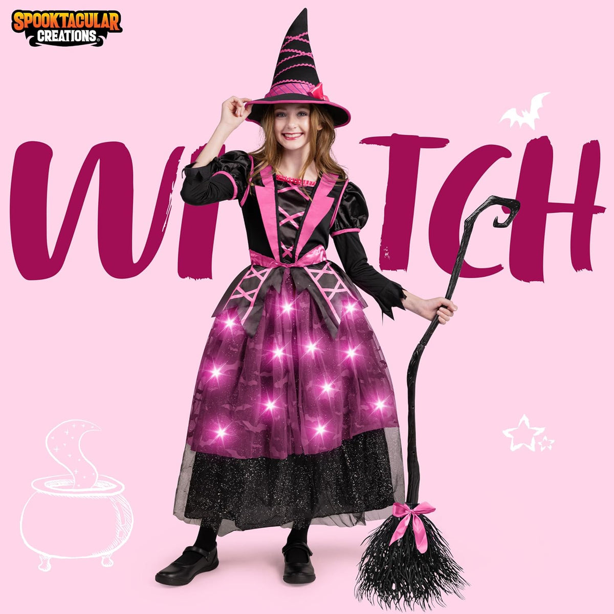Spooktacular Creations Halloween Witch Costume Kids, Light Up Witch Dress with Hat and Broom for Girls, Toddlers Bat Outfit Set for Halloween Costumes Role Play Parties, Pink (Medium(8-10 yrs))