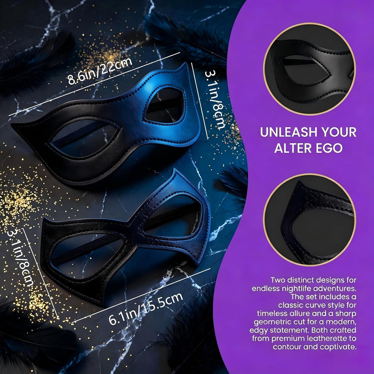 2PCS Cat Woman Masks Black Leather Cat Eye Mask