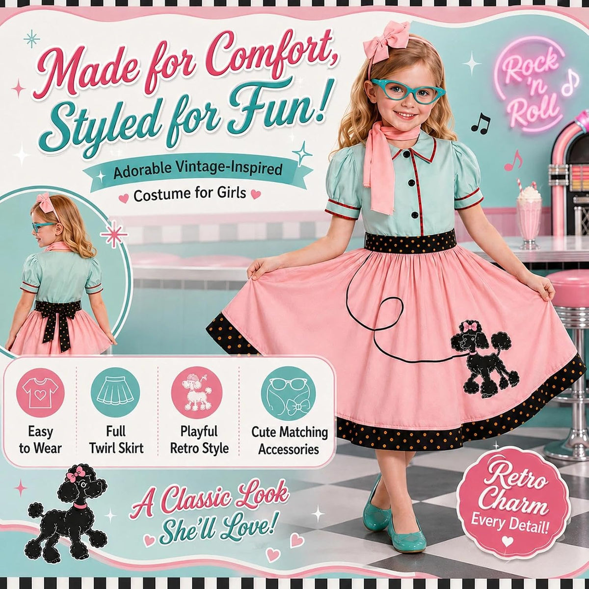 SIZGAROOT 50s Outfit for Girls 50s Costume Girls Poodle Skirt Halloween Party Dress Up