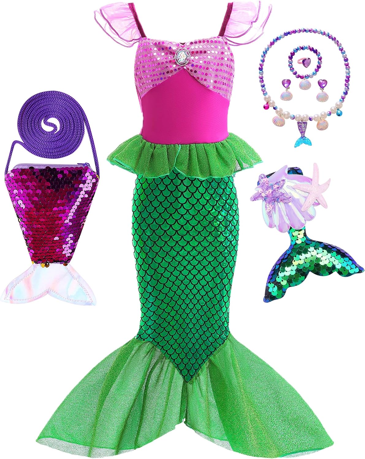 BanKids Princess Little Mermaid Costume Ariel Dress for Grils Birthday Party Halloween Cosplay Costumes 3-10Years