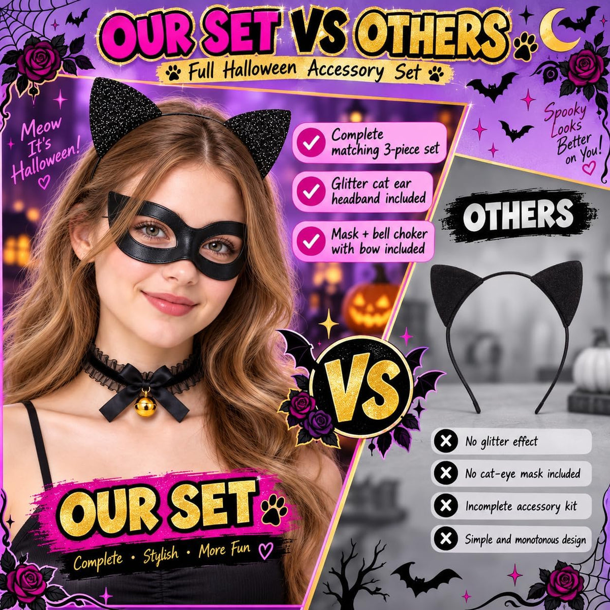 Glitter Cat Ears Headband with Collar,Black Cat Women Mask Halloween Costum
