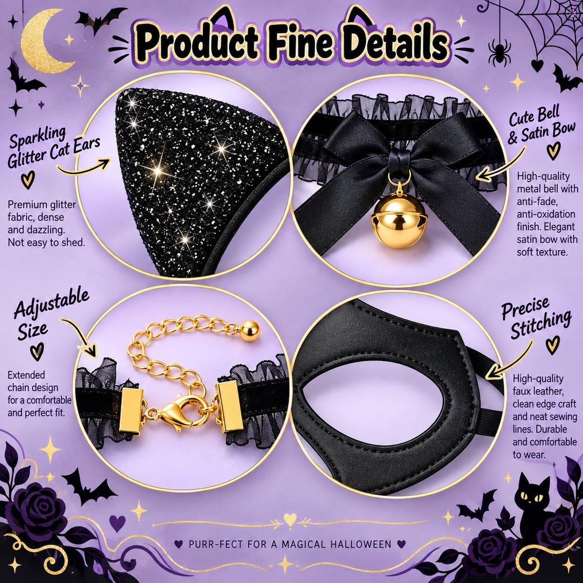 Glitter Cat Ears Headband with Collar,Black Cat Women Mask Halloween Costum