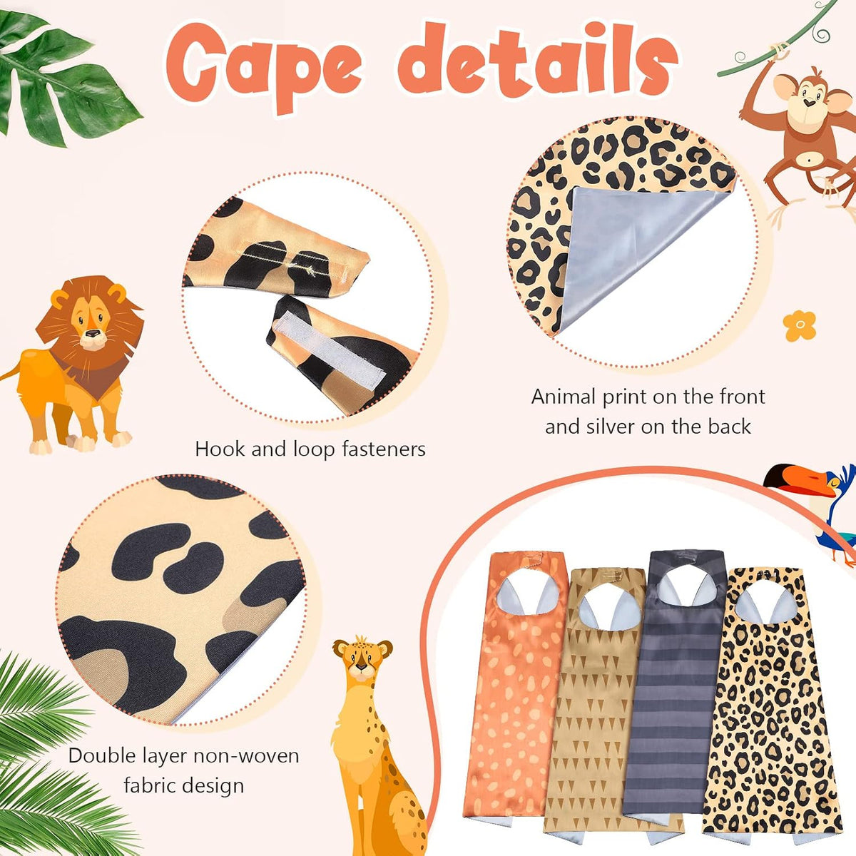 Leitee 4 Sets Safari Animal Costumes Dress up for Kids Mask and Capes for Woodland Jungle Animal Theme Party Favors Birthday Decorations Dress up Set for Kids Birthday Gifts