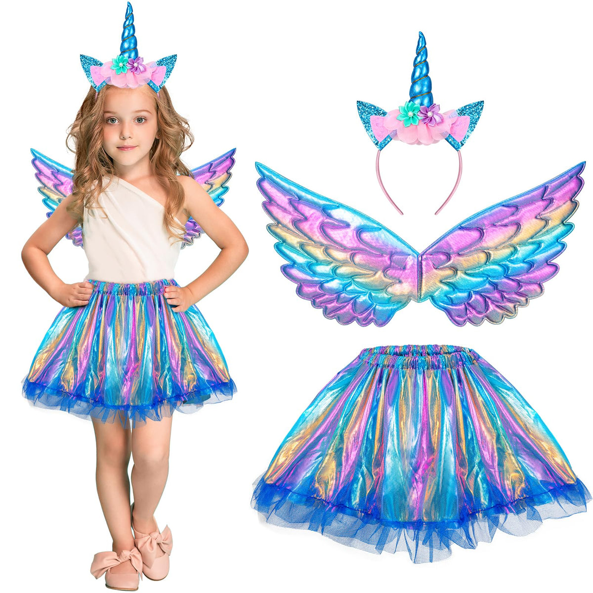 Hifot Unicorn Costumes for Girl, Unicorn Birthday Tutu Dress with Unicorn Wings Headband for Christmas Gifts Party Outfit