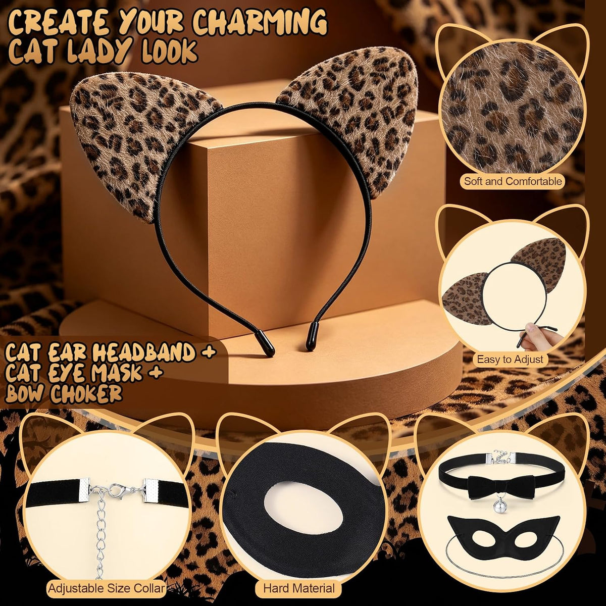 5 Pcs Cheetah Costume Set, Leopard Ears and Tail Bow Tie Black Cat Mask Leopard Face Stickers Leopard Costume Accessories for Women Halloween Cosplay Dress Up