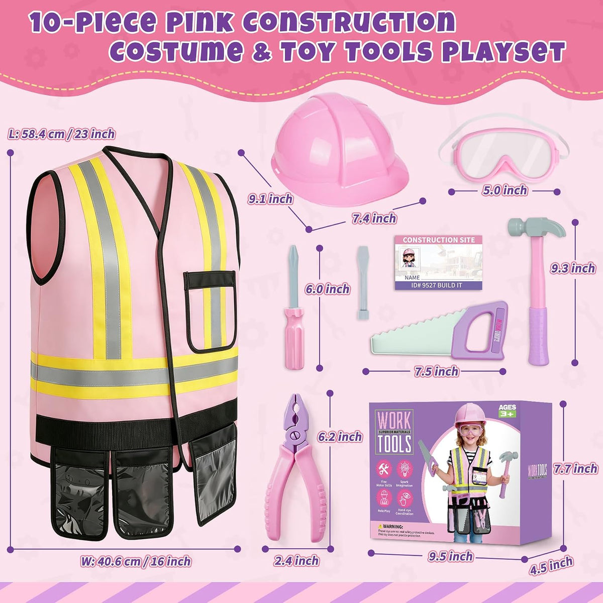 Pink Kids Tool Set with Construction Worker Costume Toys for Girls Age 3-5