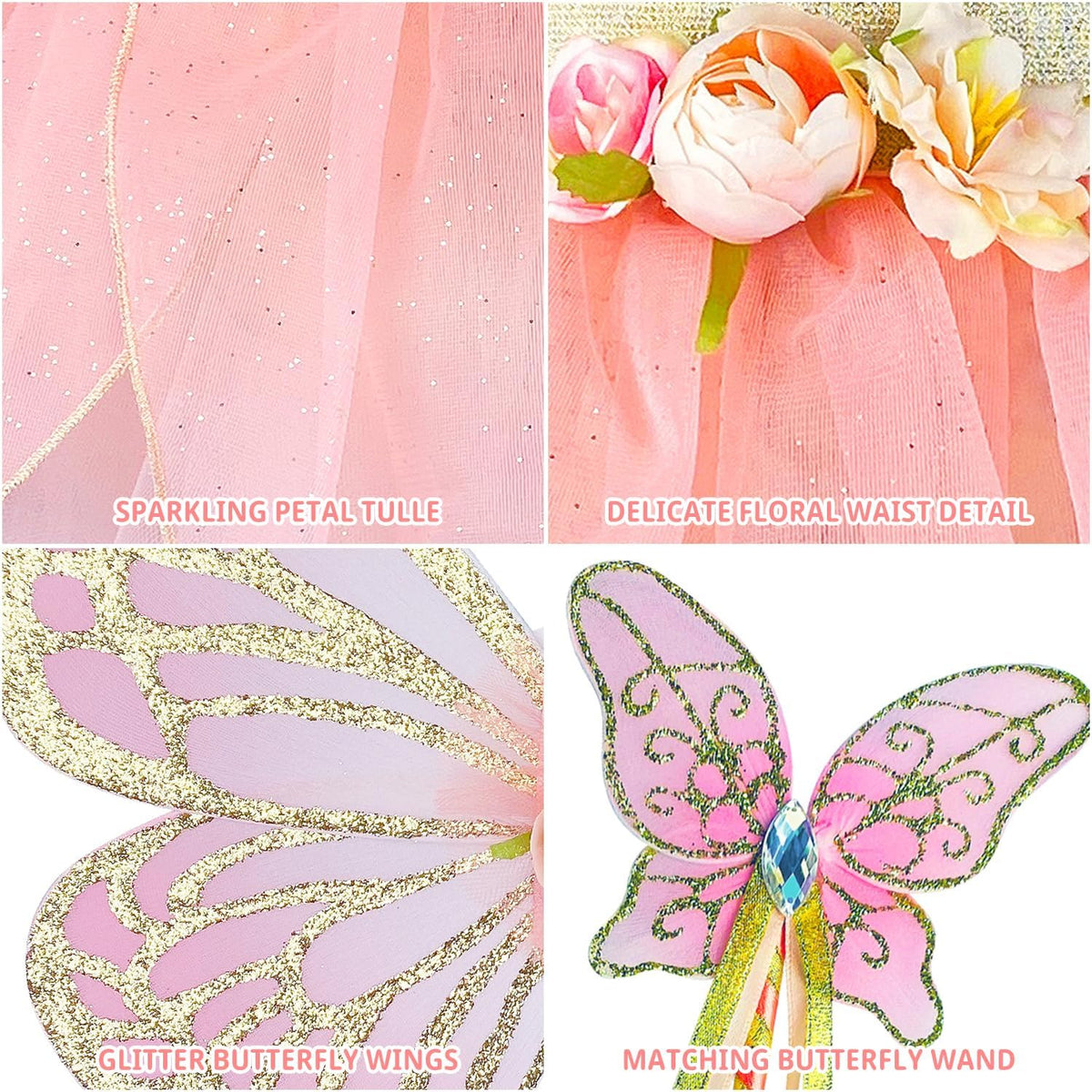 DJDLPARTY Girls Fairy Costume Set with Butterfly Wings Tutu Wand and Halo Headban