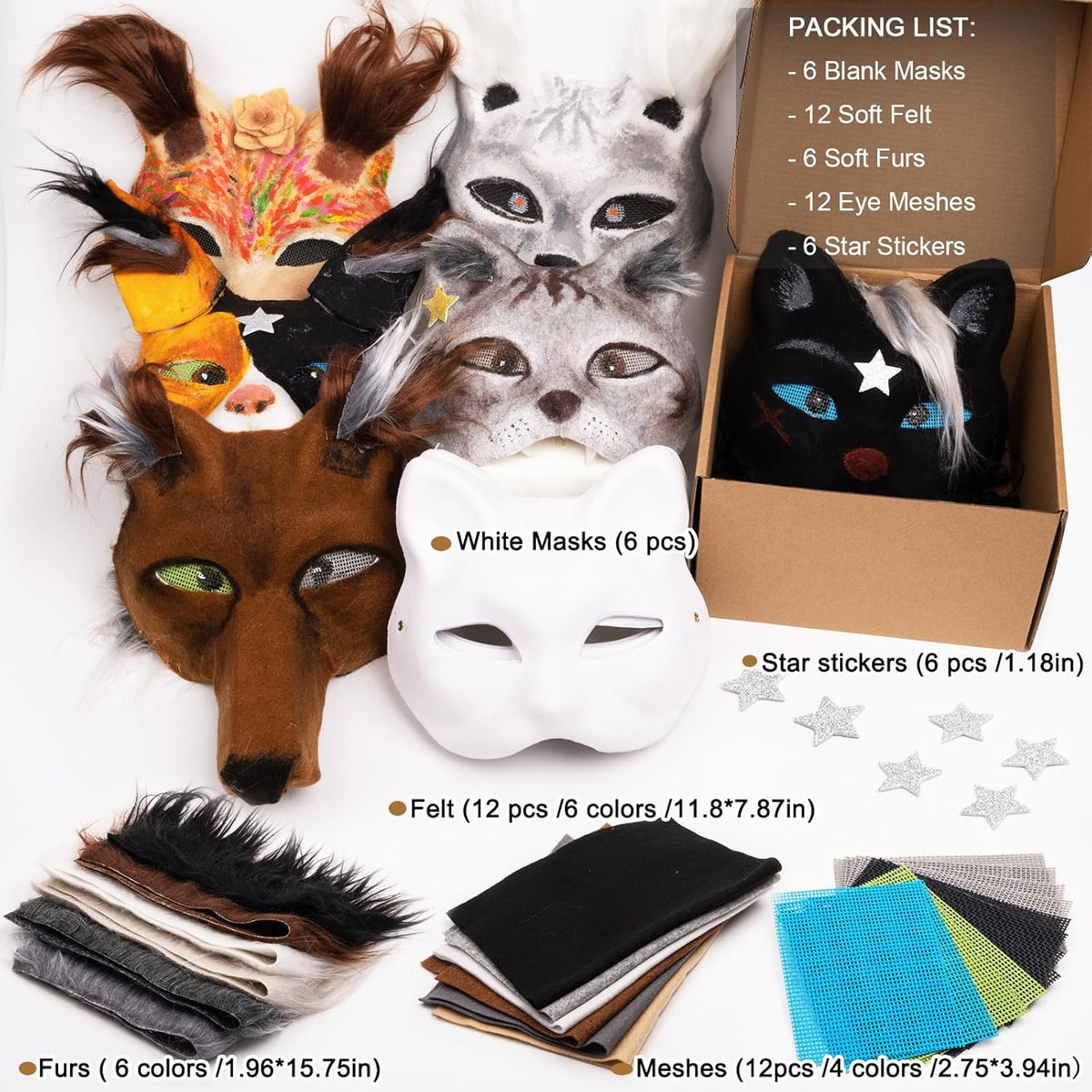 OPPKIE Cat Fox Therian Masks 42PCS with Felt Furs Eye Meshes and Stars, Costume Furry Masks to Paint, Animal Mask Arts Crafts Kit, Dress Up DIY for Halloween Christmas Cosplay Party Interaction