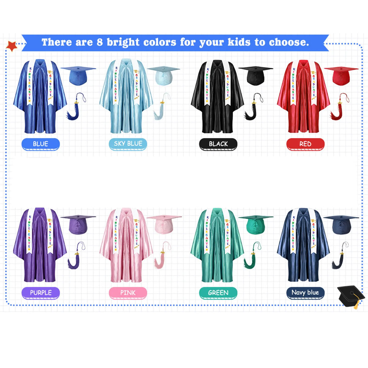 2026 Kindergarten Graduation Cap & Gown Set with 2026/2027 Charms & Sash! Satin Preschool Grad Outfit Unisex Design for Boys Girls, Perfect Grad Gift & Photoshoot Keepsake for Pre-K, Kindergarten & 1st Grade Party Costume, Costume for Parties