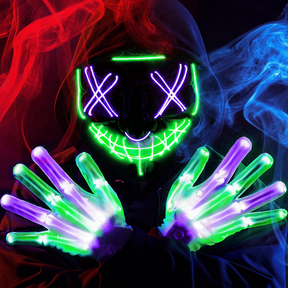JOYIN Halloween Led Mask, Light Up Mask and Gloves for Cosplay Costume (Pink & Blue), 3 Modes Scary Glow in The Dark Masks for Halloween Party Dress Up Accessories, Gifts Giving