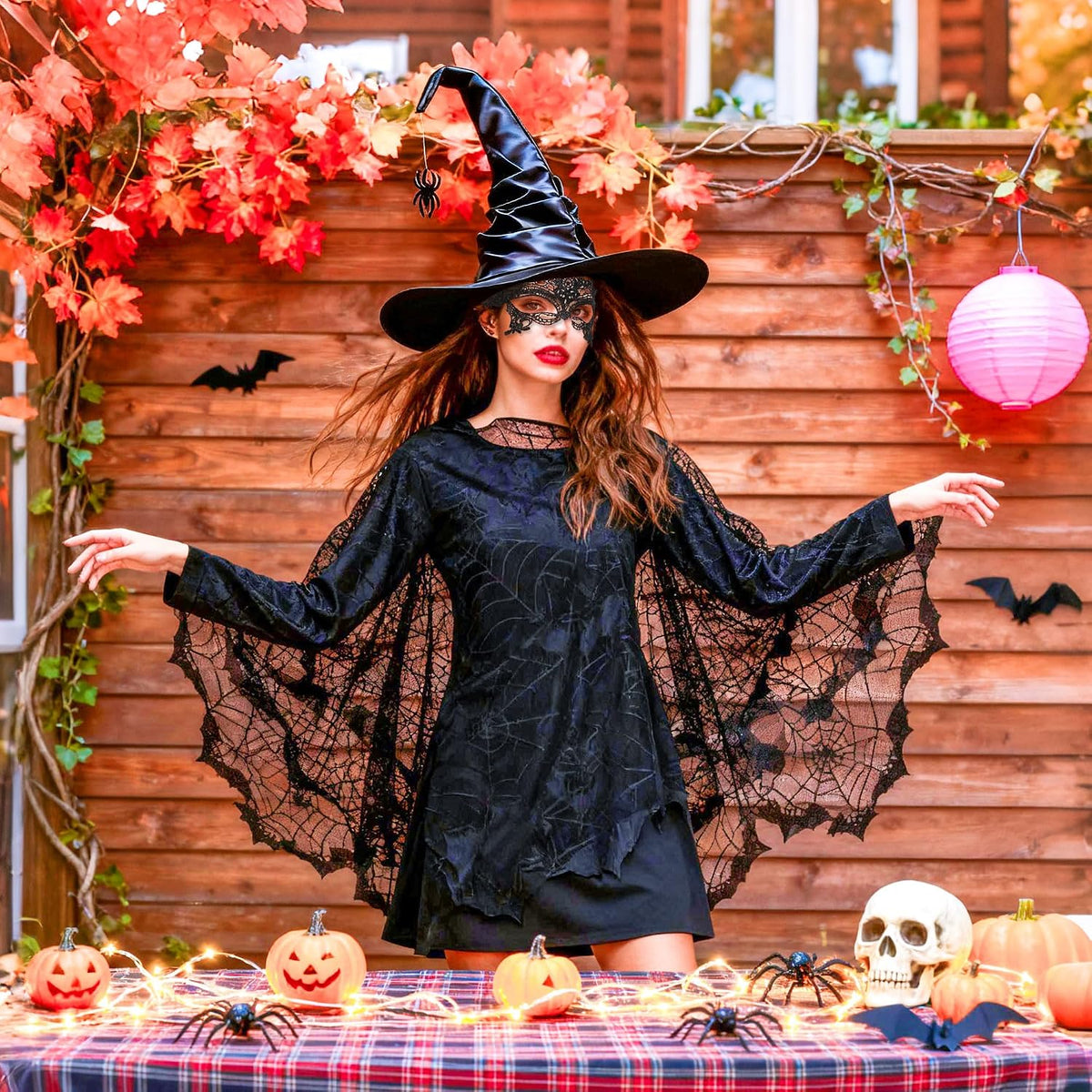 LaVenty Halloween Witch Dress Up Cobweb Cape Witch Magic Hat
