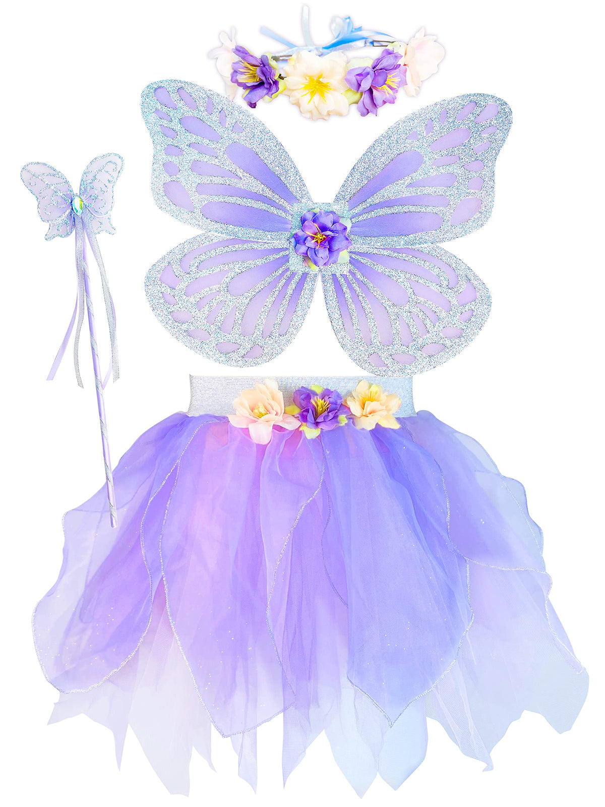 DJDLPARTY Girls Fairy Costume Set with Butterfly Wings Tutu Wand and Halo Headban