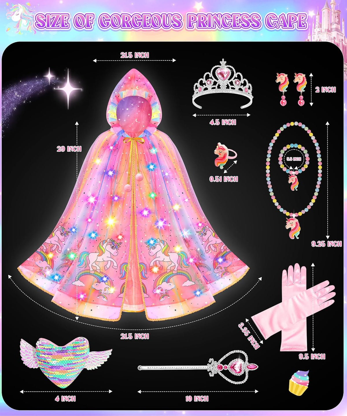 Princess Dress up for Girls 4-6, Light up Unicorn Princess Cape with Crown