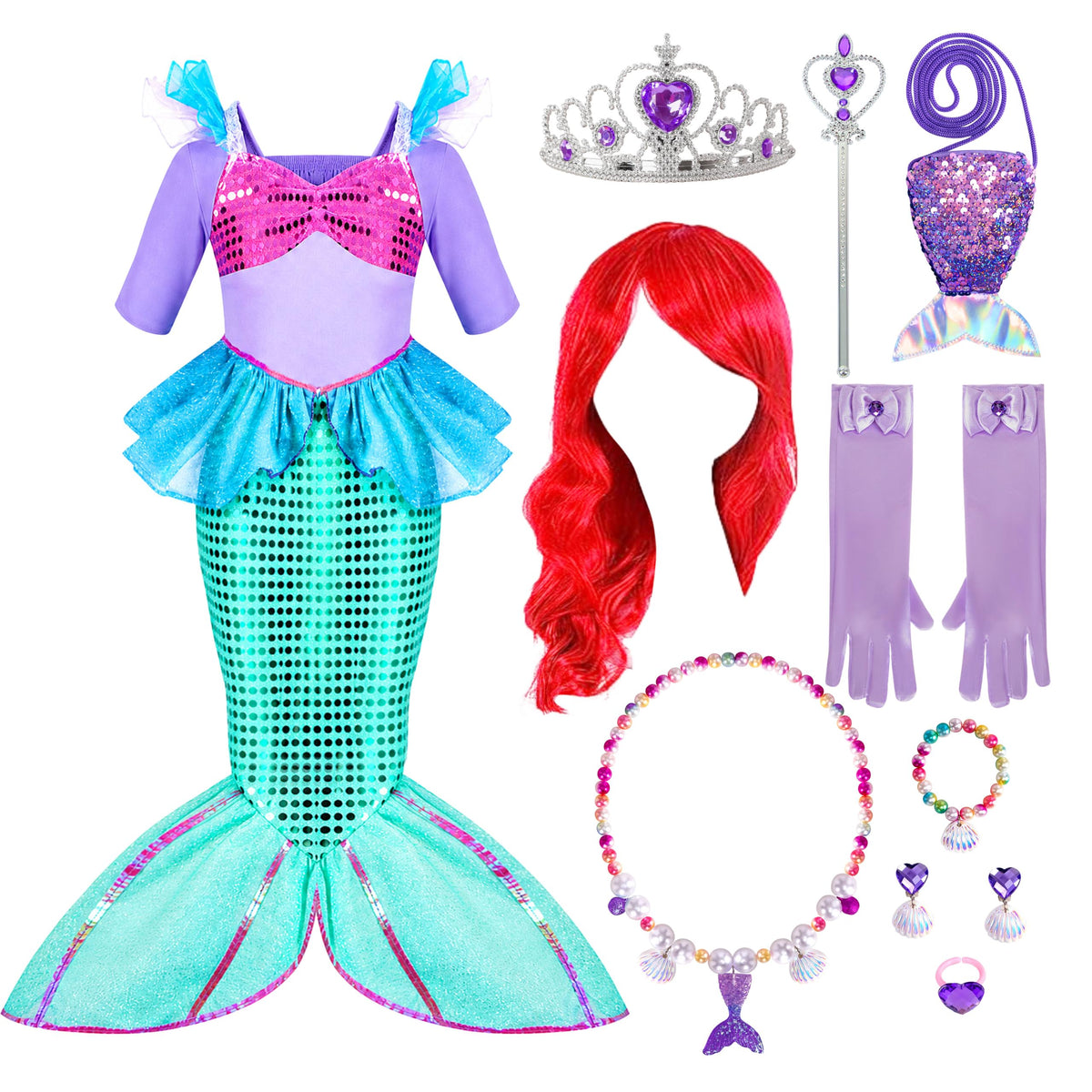 Spooktacular Creations Halloween Little Mermaid Costume for Girls, Sequin Mermaid Dress Set, Dark Purple Princess Dress for Toddler Dress-Up, Cosplay Party (Medium, 8-10 yrs)