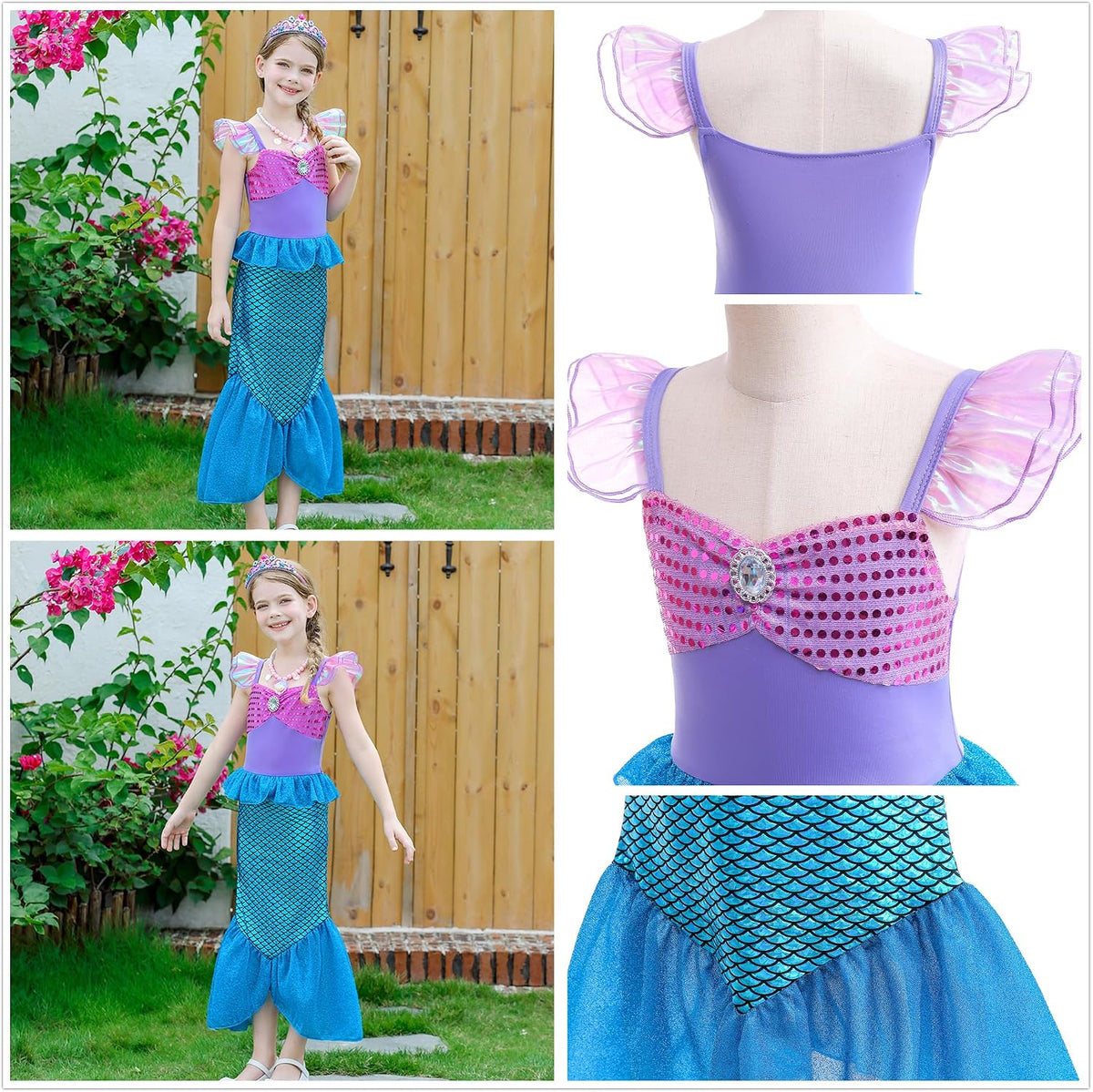BanKids Princess Little Mermaid Costume Ariel Dress for Grils Birthday Party Halloween Cosplay Costumes 3-10Years