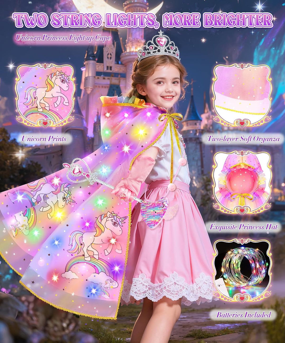Princess Dress up for Girls 4-6, Light up Unicorn Princess Cape with Crown