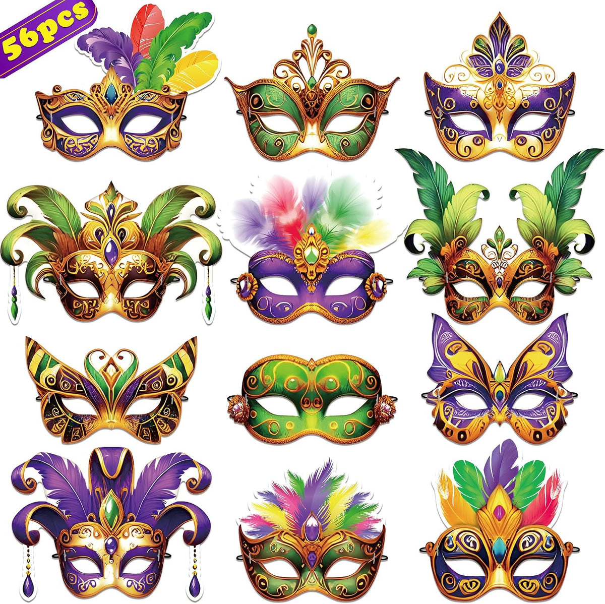 56PCS Mardi Gras Masks Bulk Set: Party Decorations Carnival Favors(Paper)