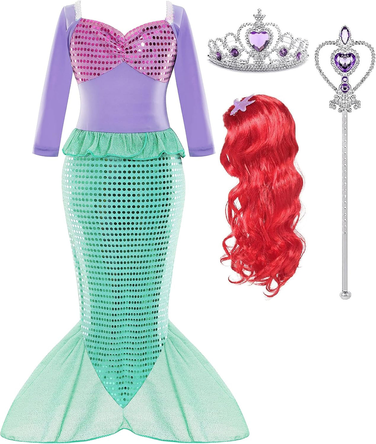 Mermaid Dress for Girls with Red Wig, Mermaid Tail Dress Up for Age 3-8