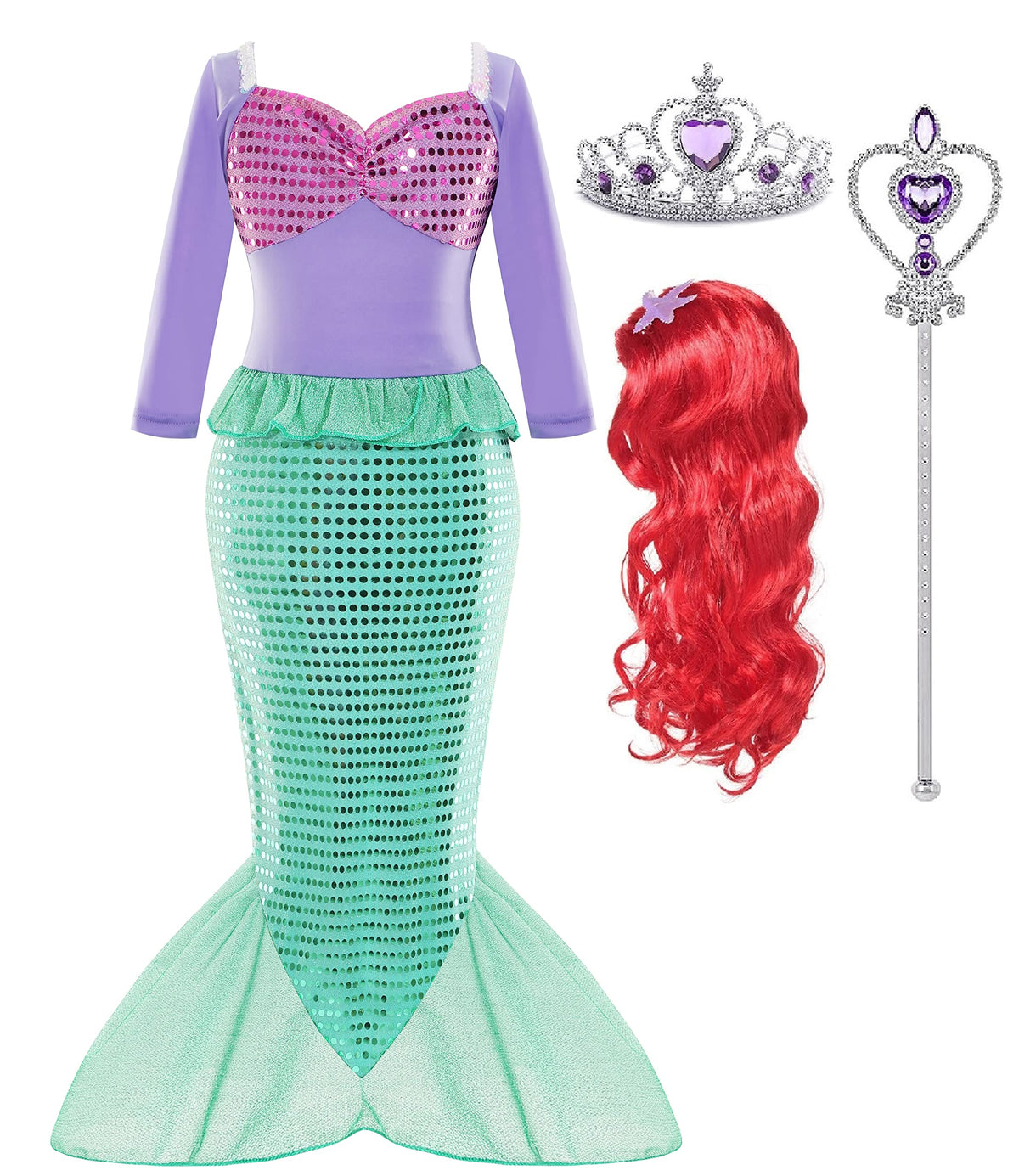 Mermaid Dress for Girls with Red Wig, Mermaid Tail Dress Up for Age 3-8