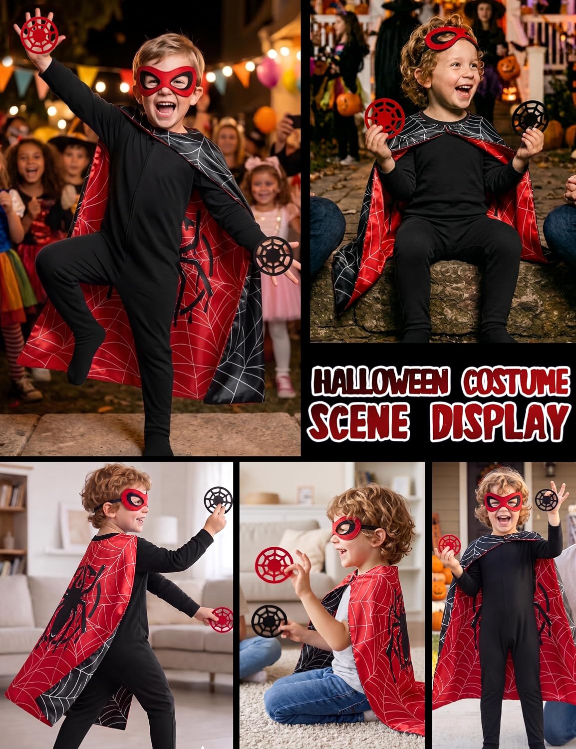 Spider Cape and Mask Halloween Costume, Super Hero Cosplay for Kids Boys